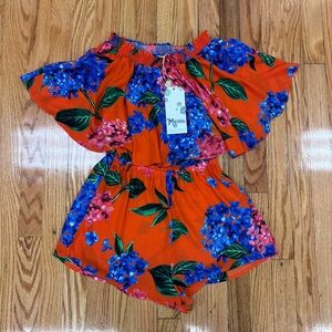 NWT Show Me Your Mumu Orange Floral Off-Shoulder Romper in Bahama Bloom